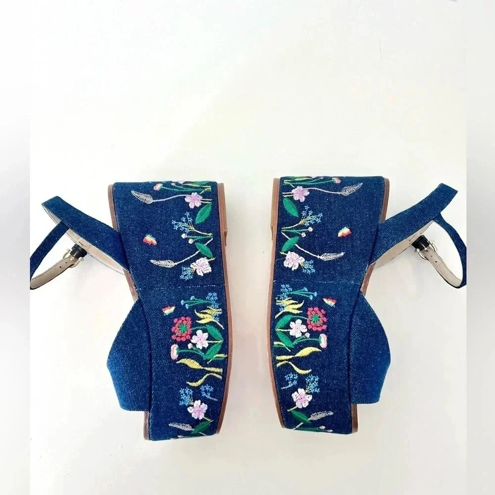 Etienne Aigner Sofhia Floral Embroidered Denim Platform Strappy Shoes‎ Size 6.5 - Picture 8 of 16
